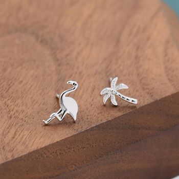 Mismatched Palm Tree And Flamingo Stud Earrings In Sterling Silver, 4 of 12