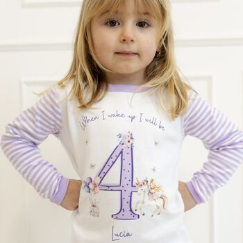 Girls Personalised Lilac Unicorn Birthday Pyjamas, 12 of 12