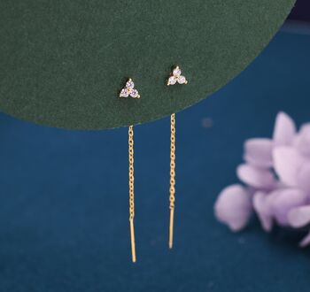 Sterling Silver Cz Trio Flower Threader Earrings, 2 of 11