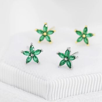 Sterling Silver Emerald Green Cz Flower Stud Earrings, 7 of 12