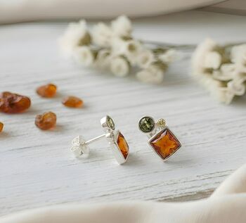 Handmade Cognac And Green Amber Silver Stud Earrings, 3 of 3