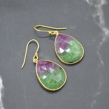 Ruby Zoisite Earrings: Gold Plated Silver, Anyolite, Teardrop Or Rectangular Dangle Drop, 12 of 12