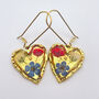 Real Blue Red Flowers Pendant Gold Leaf Earrings Hand Made, thumbnail 1 of 9