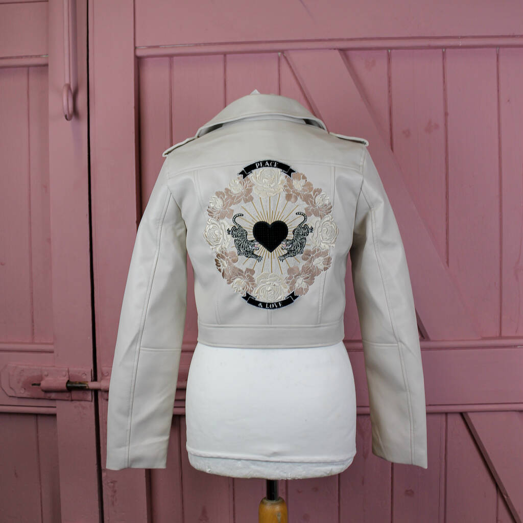 Cream Cropped Peace And Love Biker Moto Jacket, 1 of 9