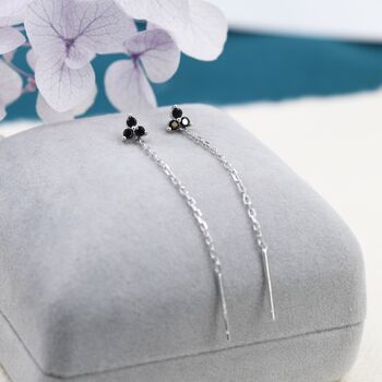 Sterling Silver Black Cz Trio Flower Threader Earrings, 2 of 10