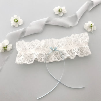 Wedding Garter With Ivory Lace And Something Blue Bow, 3 of 12