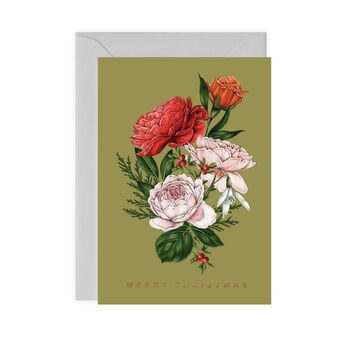 Green Christmas Card, Rose Bunch, Copper Foil, 2 of 3