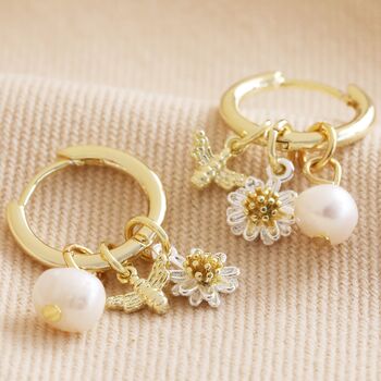 Daisy Pearl And Bee Charm Hoop Earrings In Gold Plating, 3 of 9