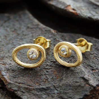 White Topaz Rose/Gold Plated Silver Oval Stud Earrings, 2 of 3