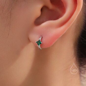 Sterling Silver Emerald Green Cz Crystal Huggie Hoop, 2 of 11