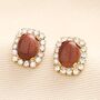 Brown Stone And Crystal Oval Stud Earrings In Gold, thumbnail 2 of 3