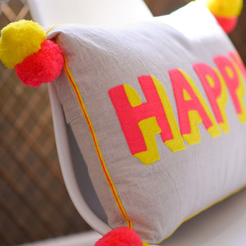 Embroidered Pom Pom 'Happy' Cushion, 2 of 4