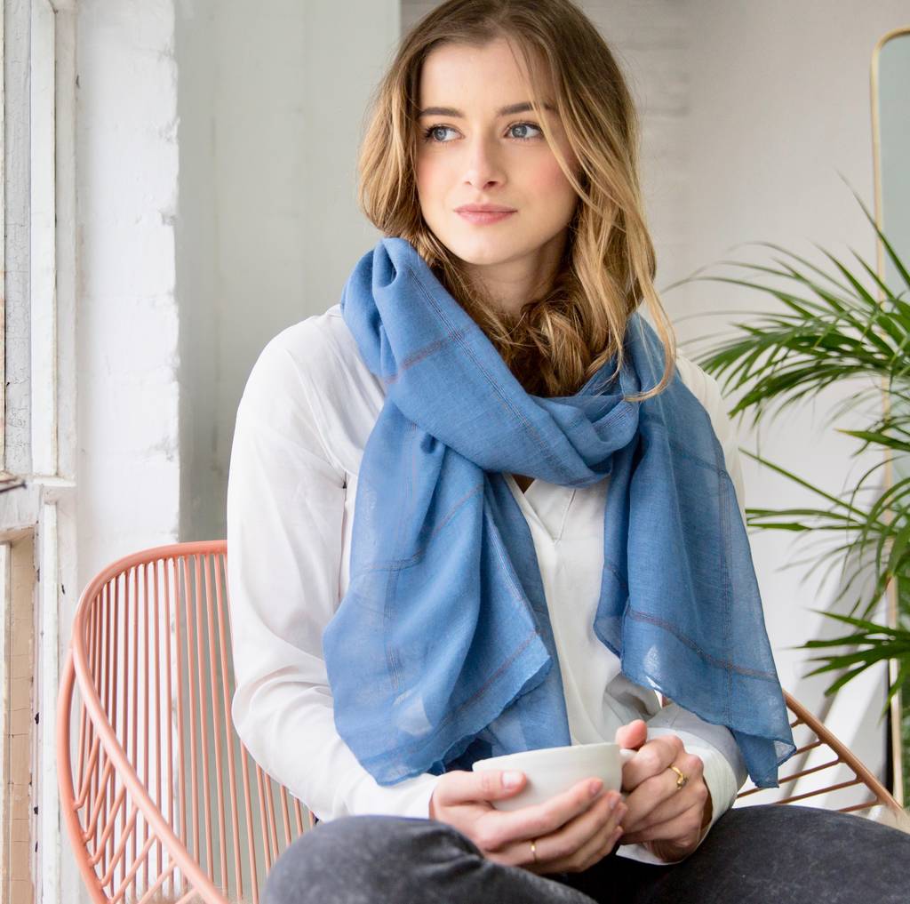 Faded Blue Scarf With A Subtle Check By The Forest & Co