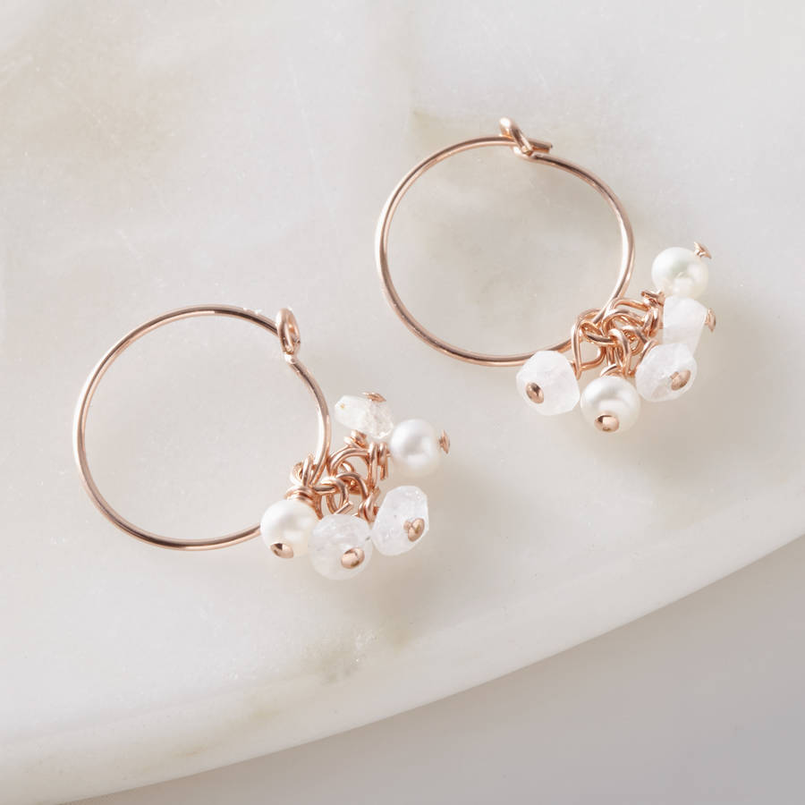 Rose Gold Moonstone And Pearl Hoop Earrings By Samphire Jewellery Rose Gold Moonstone And Pearl Hoop Earrings
