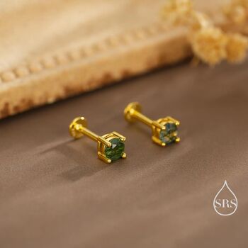 Natural Moss Agate Internally Threaded Flat Back Earrings In Sterling Silver, 3 of 12