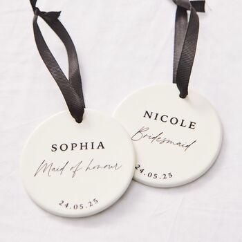 Personalised Black And White Bridal Party Ceramic Hanging Disc Decoration, 2 of 5