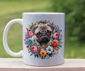 Personalised Pekingese Summer Floral Dog Wreath Cushion And Mug Gift Bundle, 2 of 4