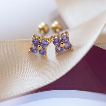 Tiny Amethyst Clover Stacking Stud Earrings, 3 of 5