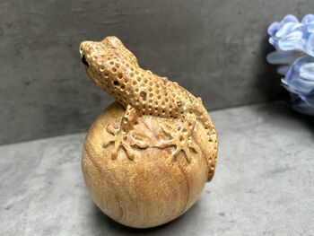 Hand Carved Wooden Gecko On Egg Ornament Figurine Gift, 11 of 12