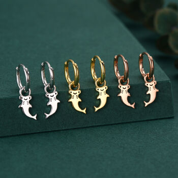 Sterling Silver Kawaii Shark Detachable Huggie Hoop Earrings, 2 of 12