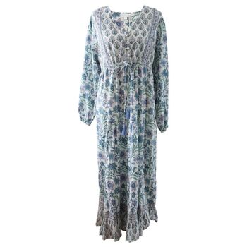 Block Printed Lilac Blue Floral Cotton Dress 'Cassidy', 7 of 8