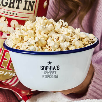 Personalised Enamel Popcorn Bowl And Giant Sweet Or Salted Popcorn Gift Set For Him, 4 of 6
