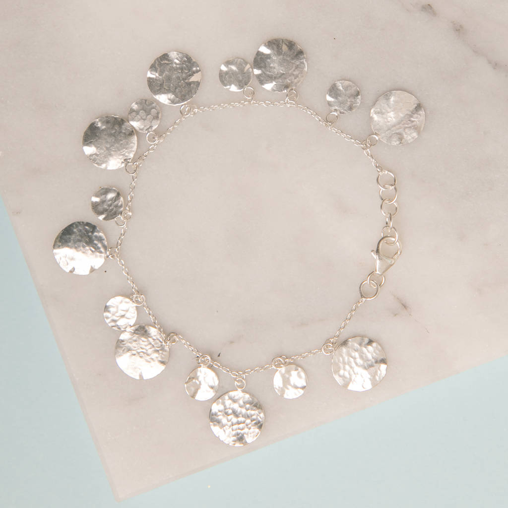 hammered silver disc charm bracelet by rochelle shepherd jewels. gold and silver gemstone