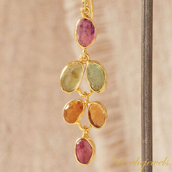 Multicoloured Tourmaline Pebble Shaped Leaf Drop Gold Earrings, 7 of 11