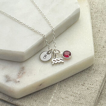 Aquarius Zodiac, Initial And Birthstone Necklace, 2 of 6