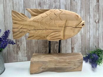Large 30cm Hand Carved Carp Fish On Stand – Teak Root Ornament Sculpture, 2 of 9
