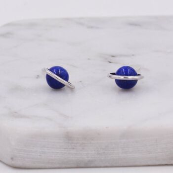Sterling Silver 'Blue Planet' Saturn Planet Halo Stud Earrings With Lapis Lazuli Gemstone, 3 of 12