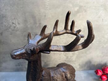 33cm Heavy Cast Iron Deer Figurine Standing Stag On Plinth, 2 of 9