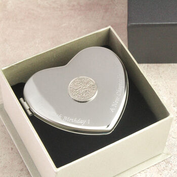 Personalised 70th Birthday Sixpence Heart Compact Mirror, 2 of 7