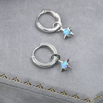 Sterling Silver Tiny Blue Opal Starburst Huggie Hoop Earrings, 7 of 12