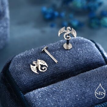 Dragon Internally Threaded Flat Back Earrings In Sterling Silver, 2 of 11