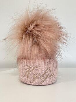 Embroidered Rose Gold Single Pom Pom Knitted Baby Hat, 3 of 6