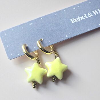 Ceramic Yellow Star Earrings With 18ct Gold Plated Huggie Hoops, 4 of 5