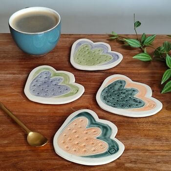 Tulip Flower Shaped Ceramic Coasters In Orange And Green, 4 of 6