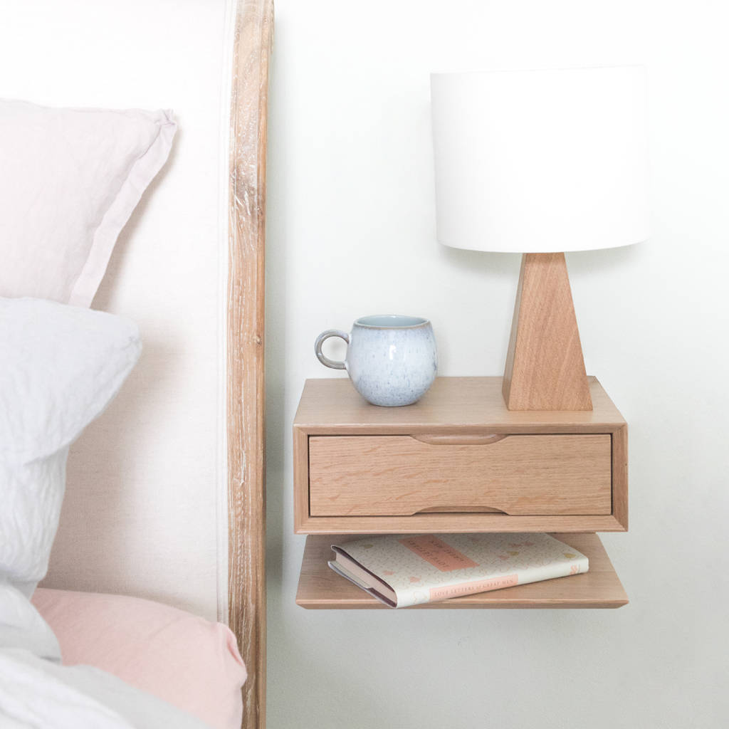 oak floating bedside table with drawer and shelf by 