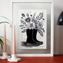 Flowers In Welly Boots Hand Printed Lino Print Wall Art, thumbnail 1 of 3