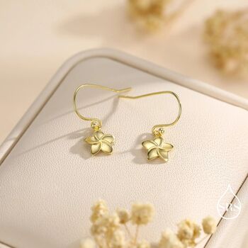 Sterling Silver Tiny Plumeria Flower Drop Hook Earrings, 4 of 11