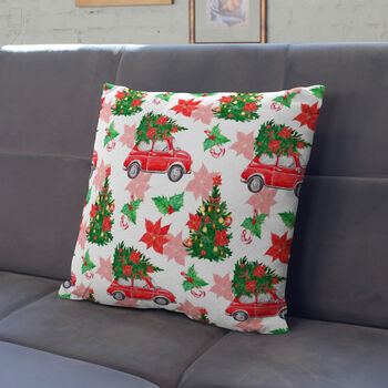 Nostalgic Red Car With Pine Tree Christmas Chenille Cushion, 9 of 12