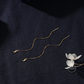 Crescent Moon Threader Earrings In Sterling Silver, 2 of 11