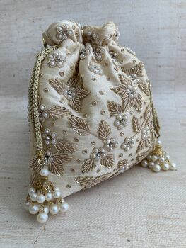 Gold Handcrafted Embroidered Potli Bag/Wrist Bag, 2 of 5