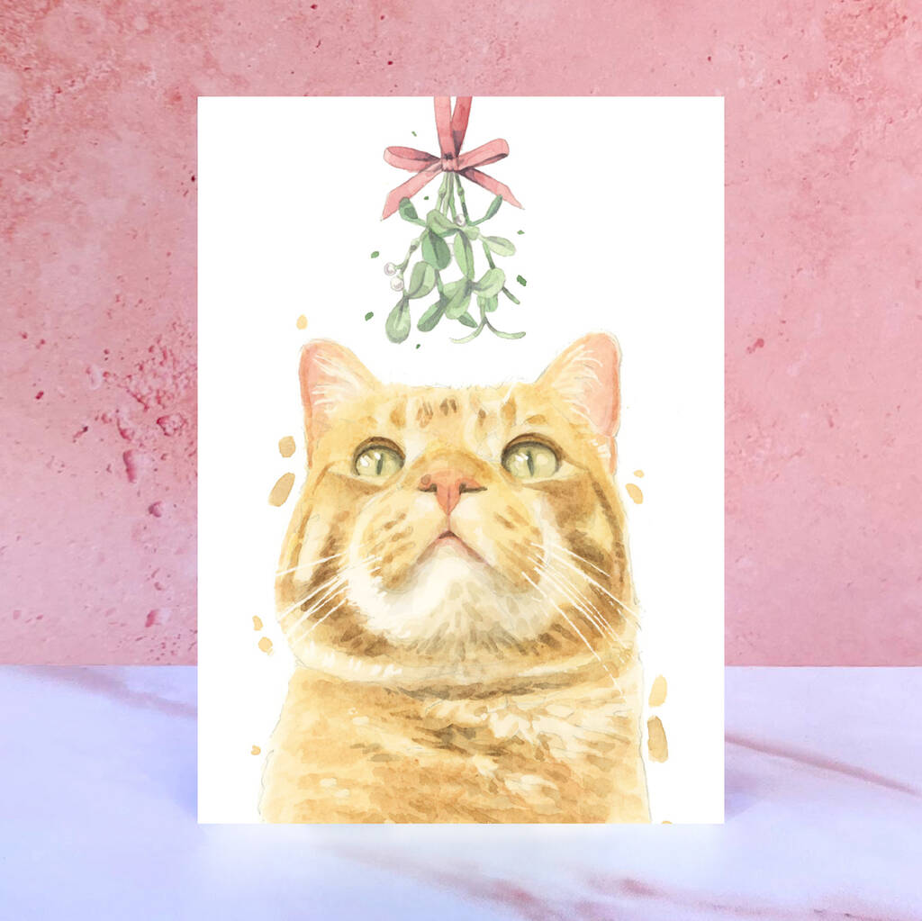 Ginger Tabby Cat Mistletoe Christmas Card, 1 of 2