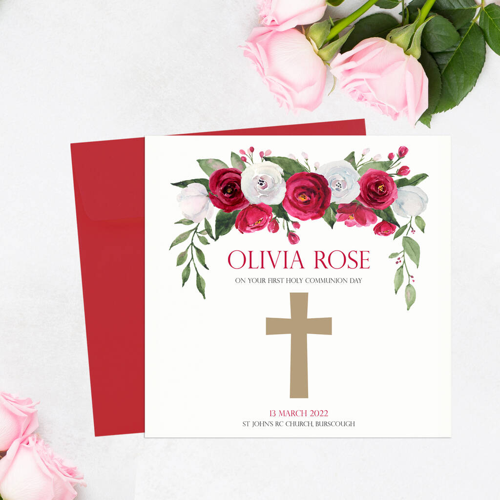 Communion, Christening Or Confirmation Card Red Roses, 1 of 5