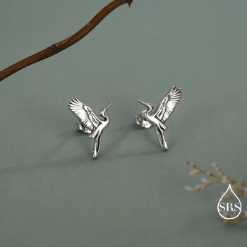 Sterling Silver Flying Heron / Crane Bird Stud Earrings, 4 of 12