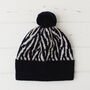 Lambswool Knitted Zebra Pom Pom Hat, thumbnail 9 of 12