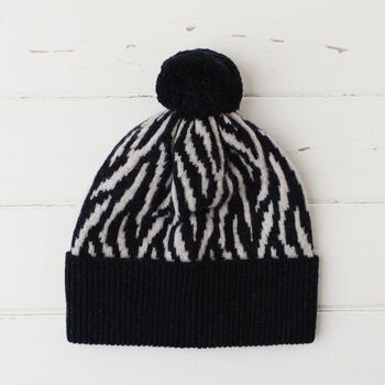 Lambswool Knitted Zebra Pom Pom Hat, 9 of 12