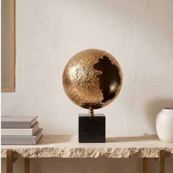 Textured Brass Sphere Sculpture On Black Marble Base, 2 of 12